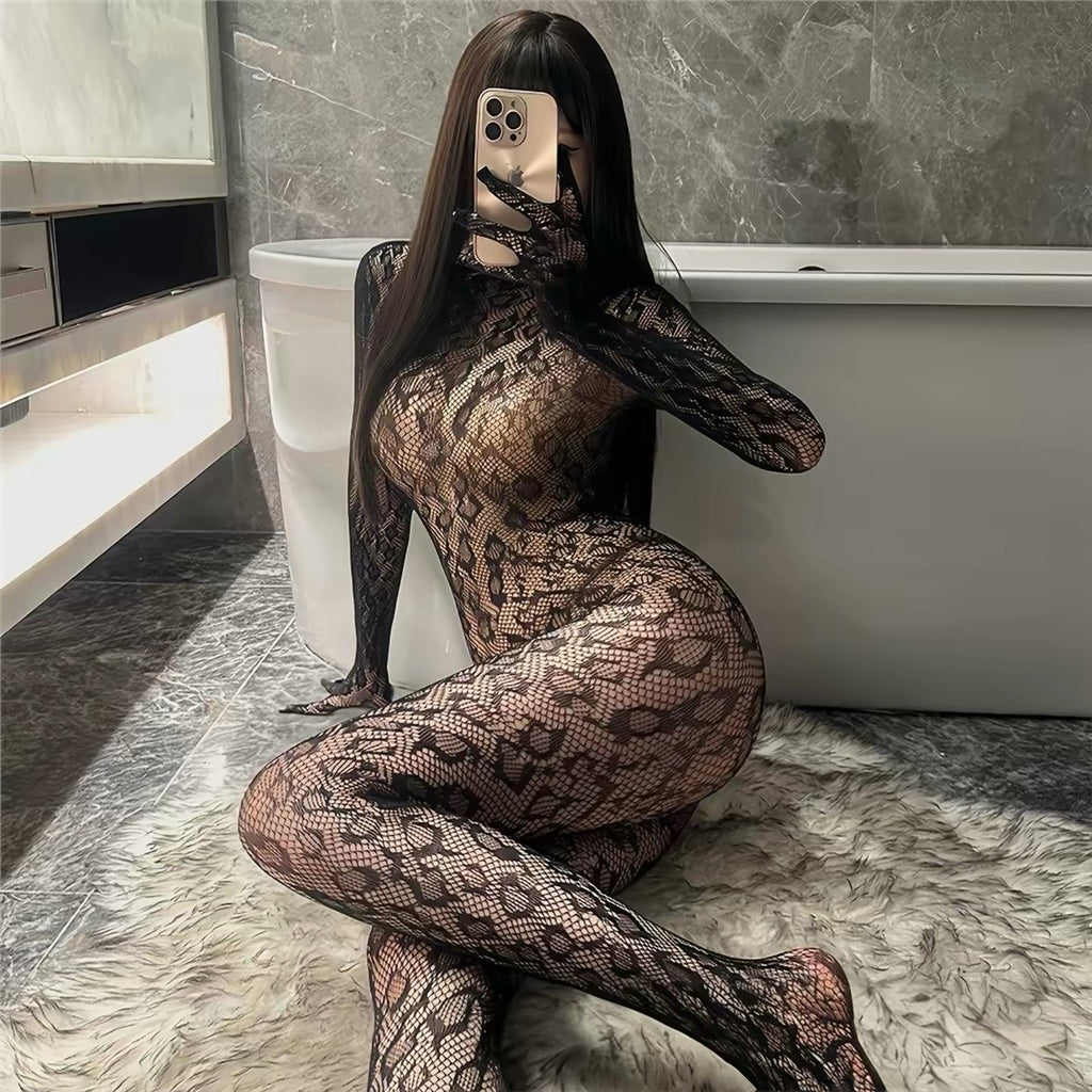 Black Long-Sleeve Floral Lace Fishnet Bodystocking