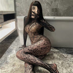 Black Long-Sleeve Floral Lace Fishnet Bodystocking