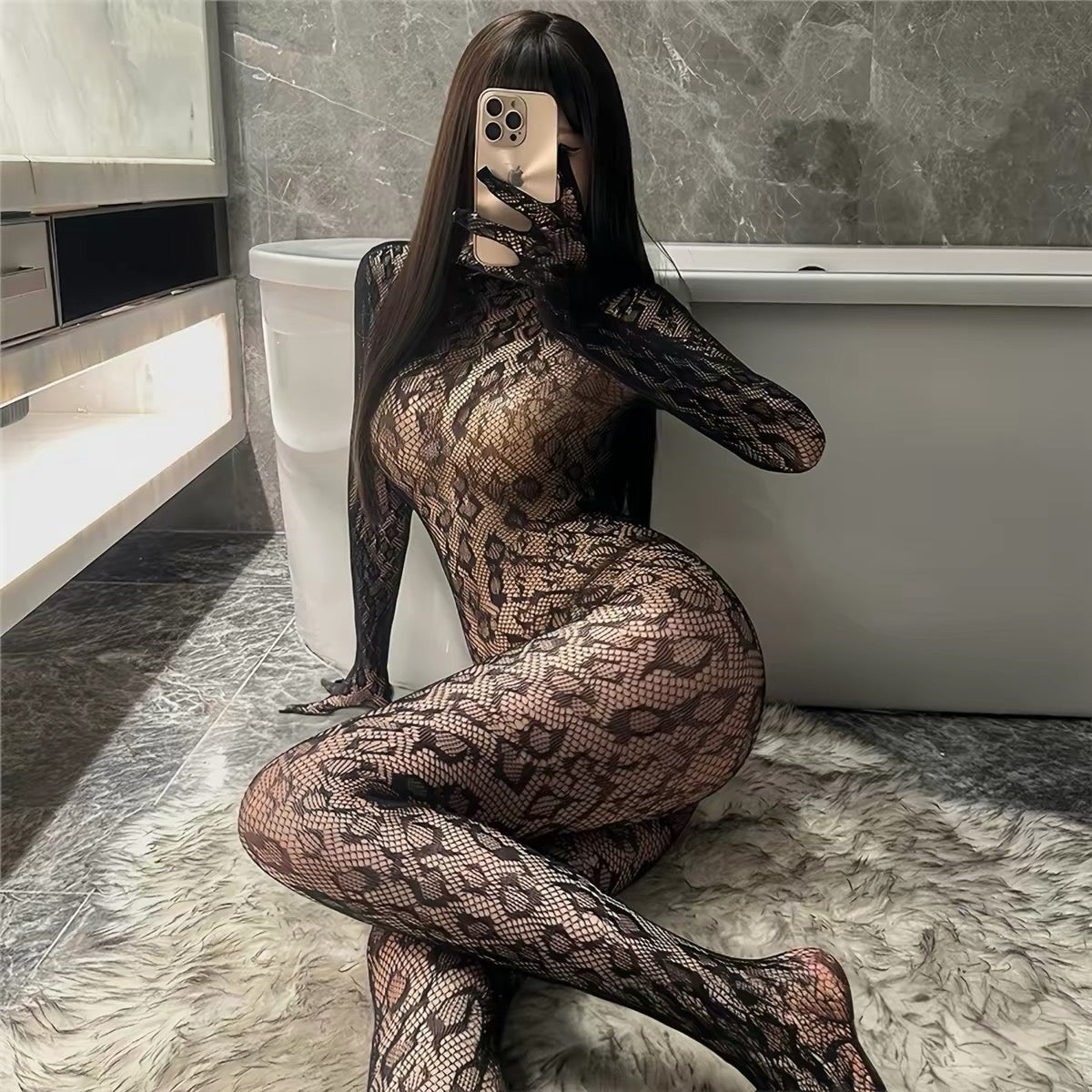 Black Long-Sleeve Floral Lace Fishnet Bodystocking