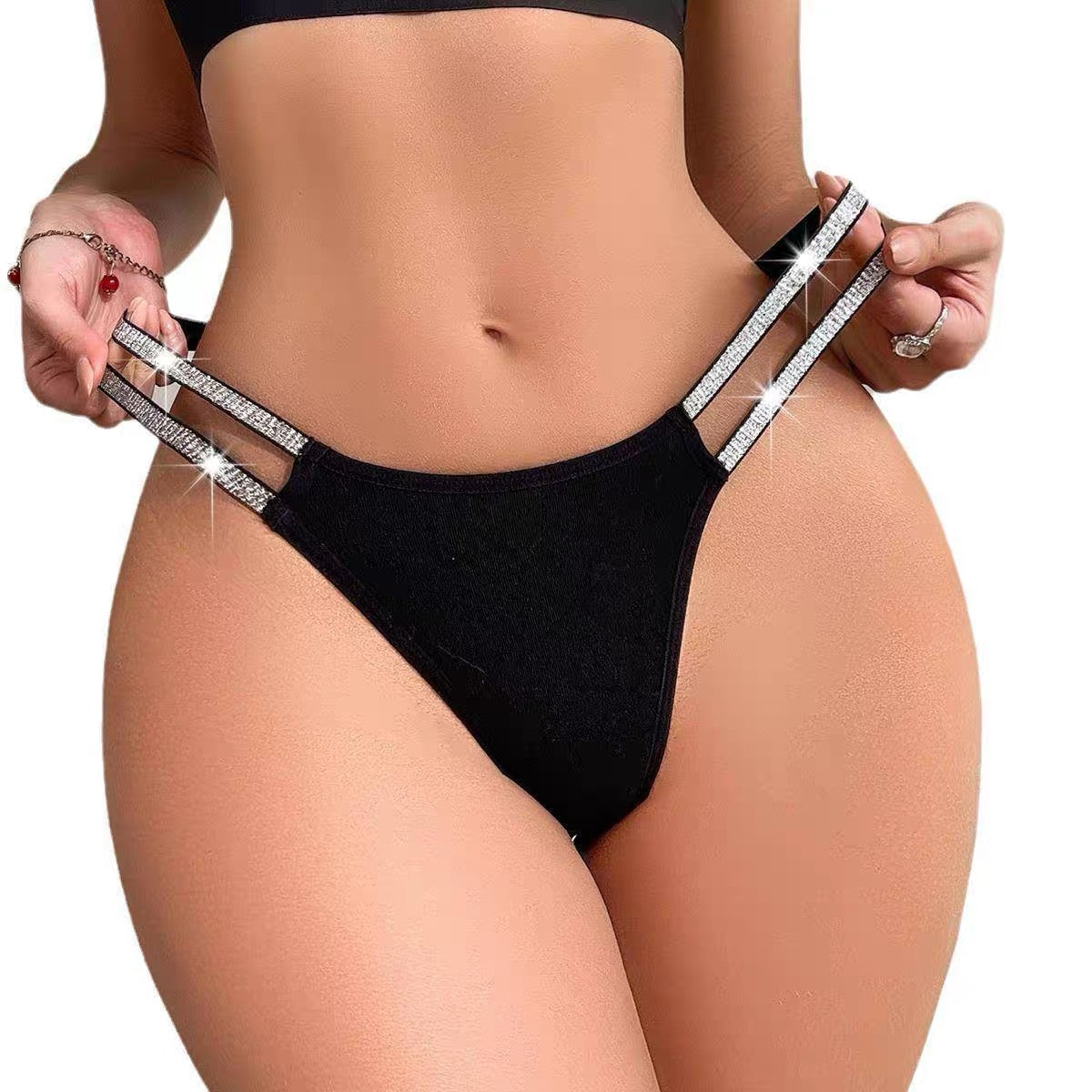 Black Double Rhinestone-Strap Bikini Bottom