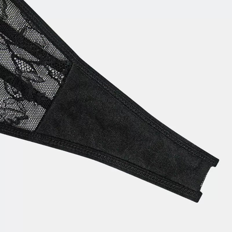 Black Rhinestone Double-Strap Lace Thong