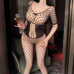 Black Fishnet Cutout Bodysuit with Long Sleeves
