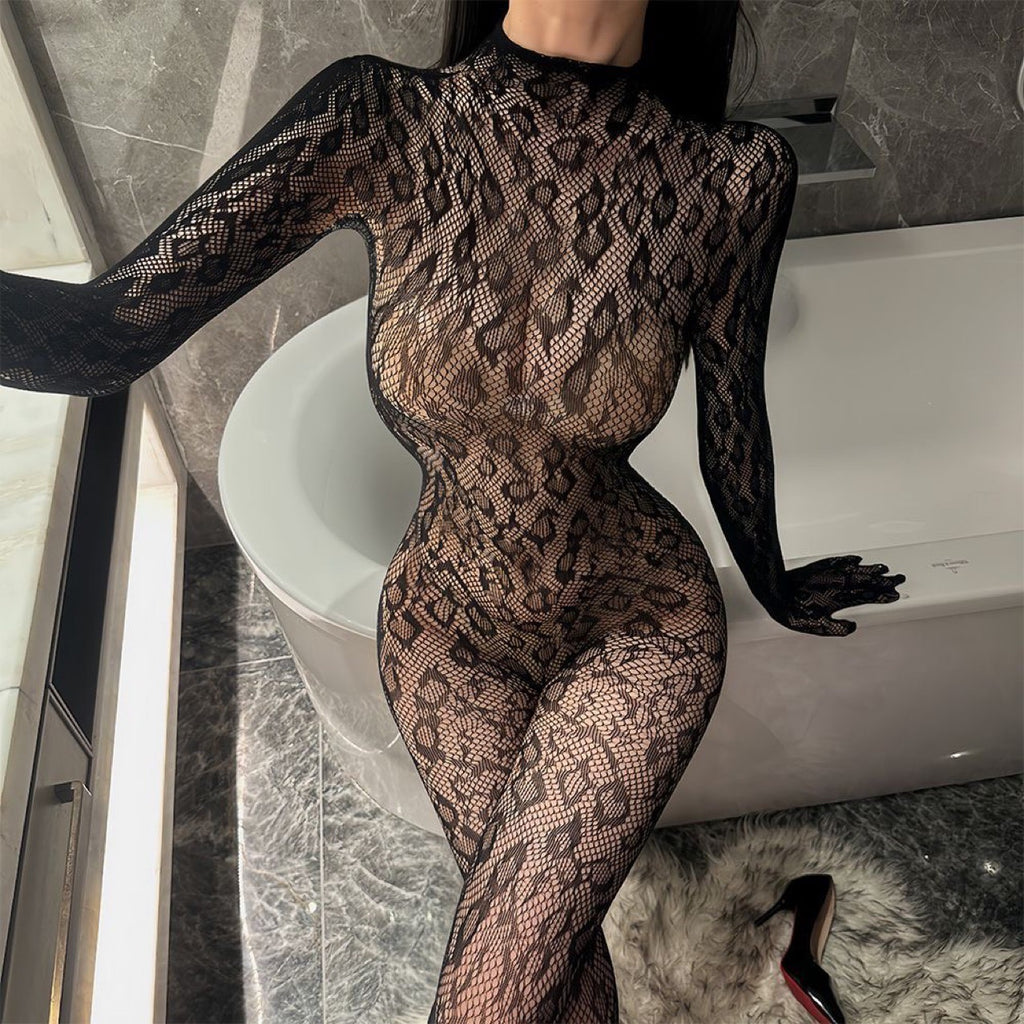Black Long-Sleeve Floral Lace Fishnet Bodystocking