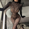 Black Long-Sleeve Floral Lace Fishnet Bodystocking