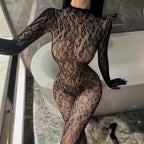 Black Long-Sleeve Floral Lace Fishnet Bodystocking