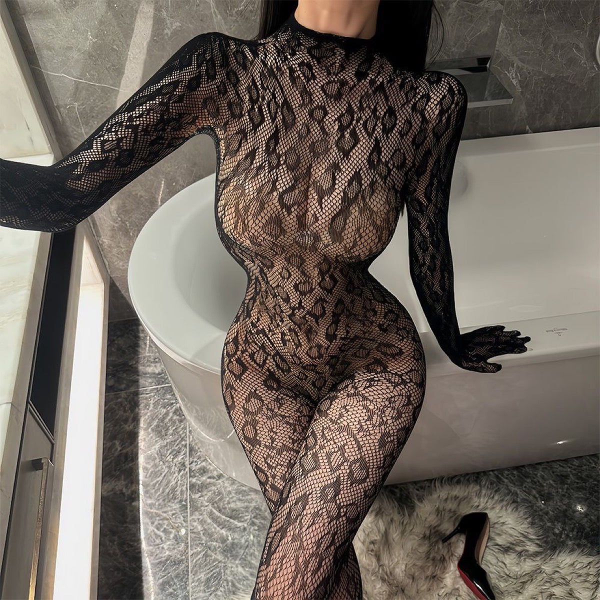 Black Long-Sleeve Floral Lace Fishnet Bodystocking