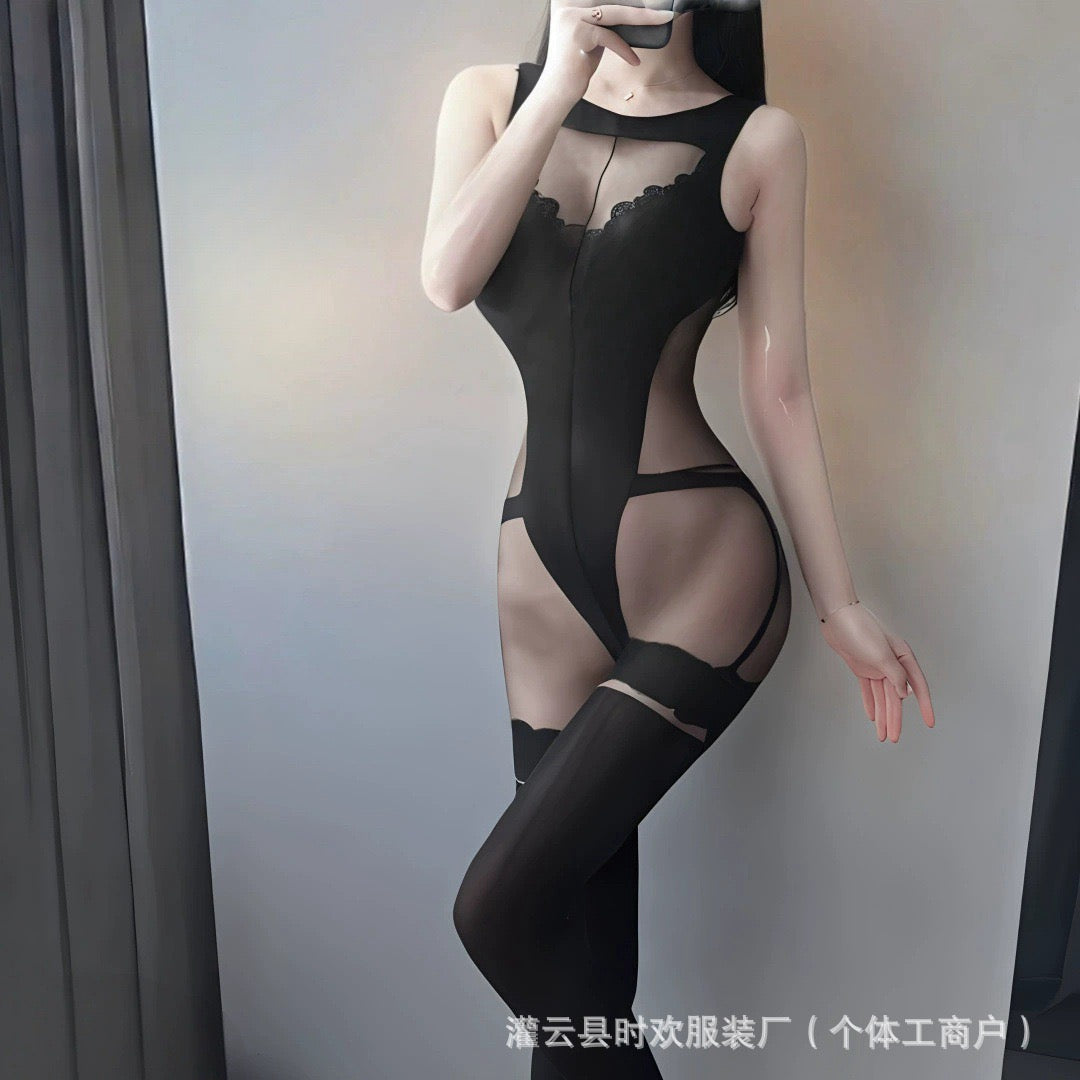 Black Sheer Mesh Bodysuit with Thigh-High Stockings