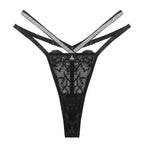Black Rhinestone Double-Strap Lace Thong