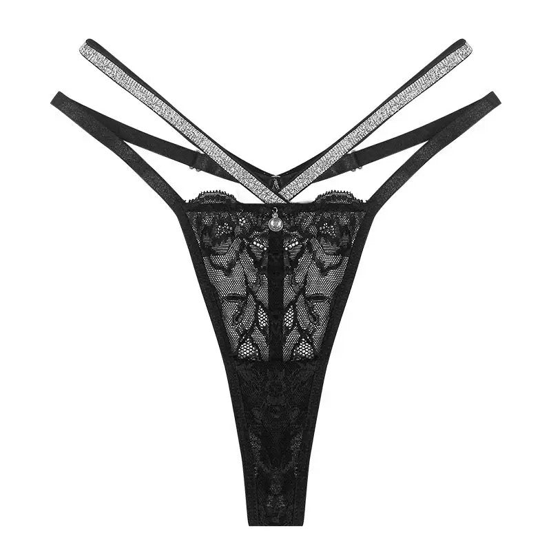 Black Rhinestone Double-Strap Lace Thong