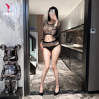 Black Fishnet Long-Sleeve Two-Piece Set