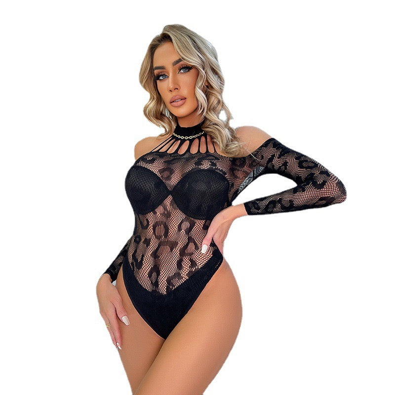 Black Leopard Lace Halter Bodysuit