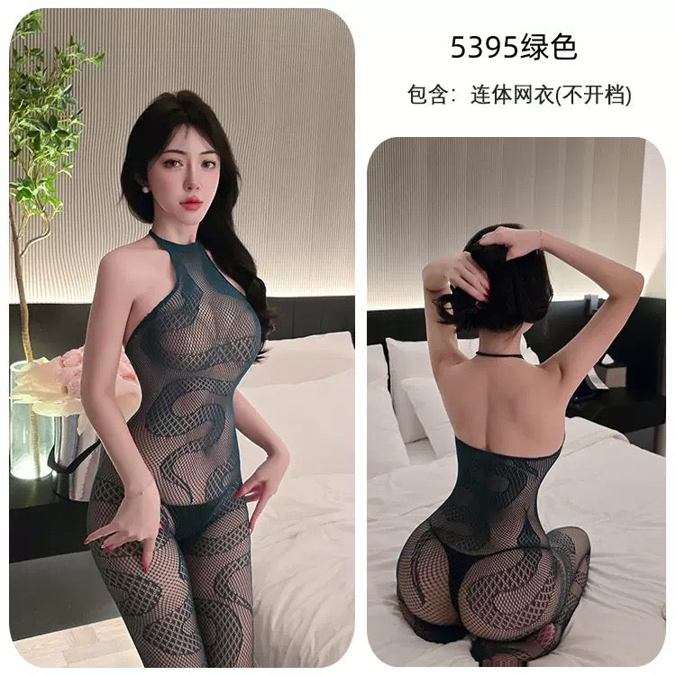 Dark Green Fishnet Pattern Jumpsuit