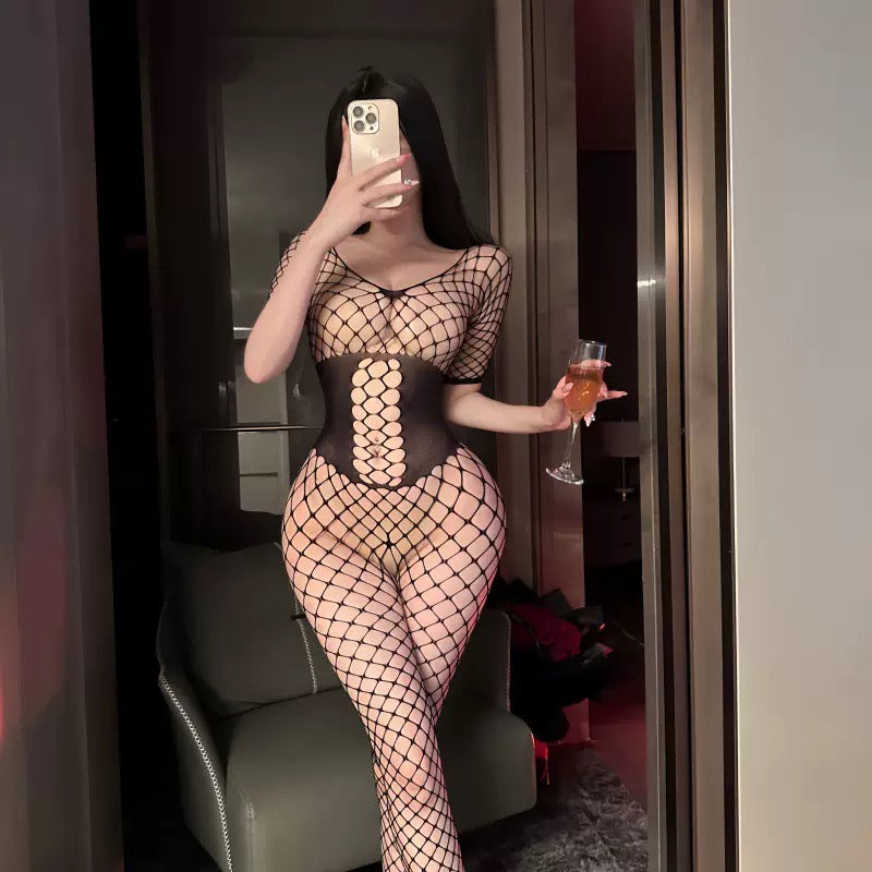 Black Fishnet Cutout Bodysuit with Long Sleeves