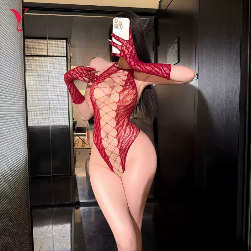 Red Lace Cutout Halter Bodysuit with Gloves