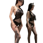 Black Letter-Print Sheer Bodysuit with Matching Stockings