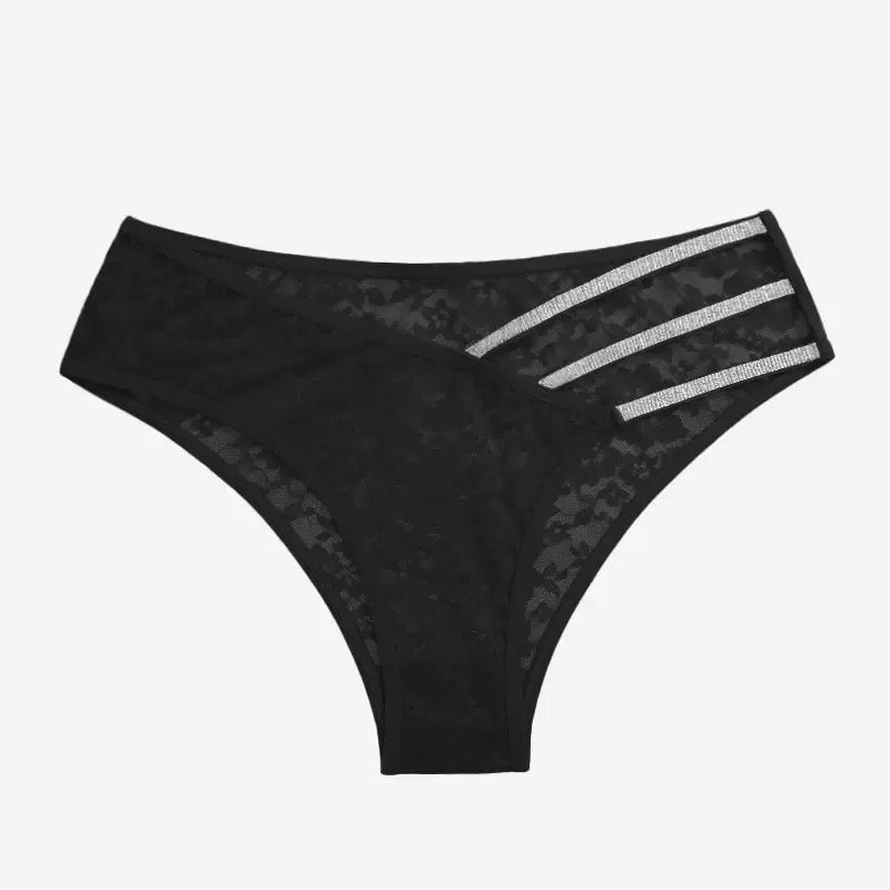 Black Lace Triple Rhinestone-Strap Panty