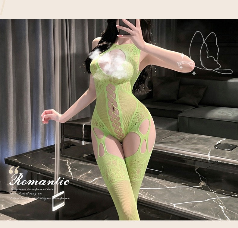 Neon Green Lace Cutout Garter Bodystocking