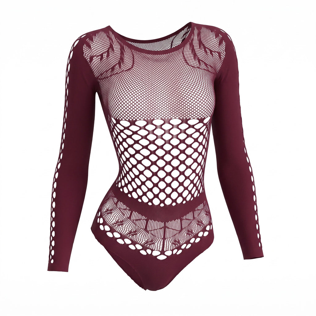 Burgundy Fishnet Long-Sleeve Bodysuit