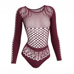 Burgundy Fishnet Long-Sleeve Bodysuit