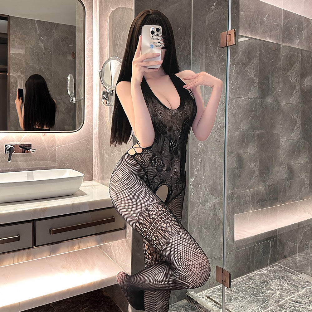 Black Floral Lace Halter Bodystocking