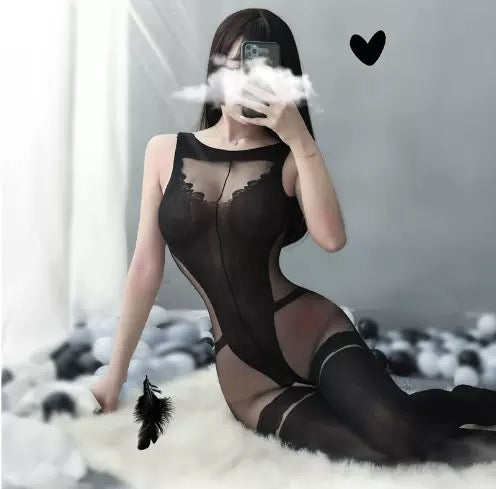 Black Sheer Mesh Bodysuit with Thigh-High Stockings