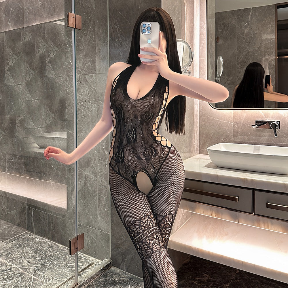 Black Floral Lace Halter Bodystocking