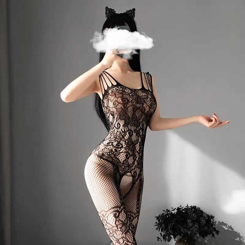 Black Floral Lace Fishnet Bodystocking