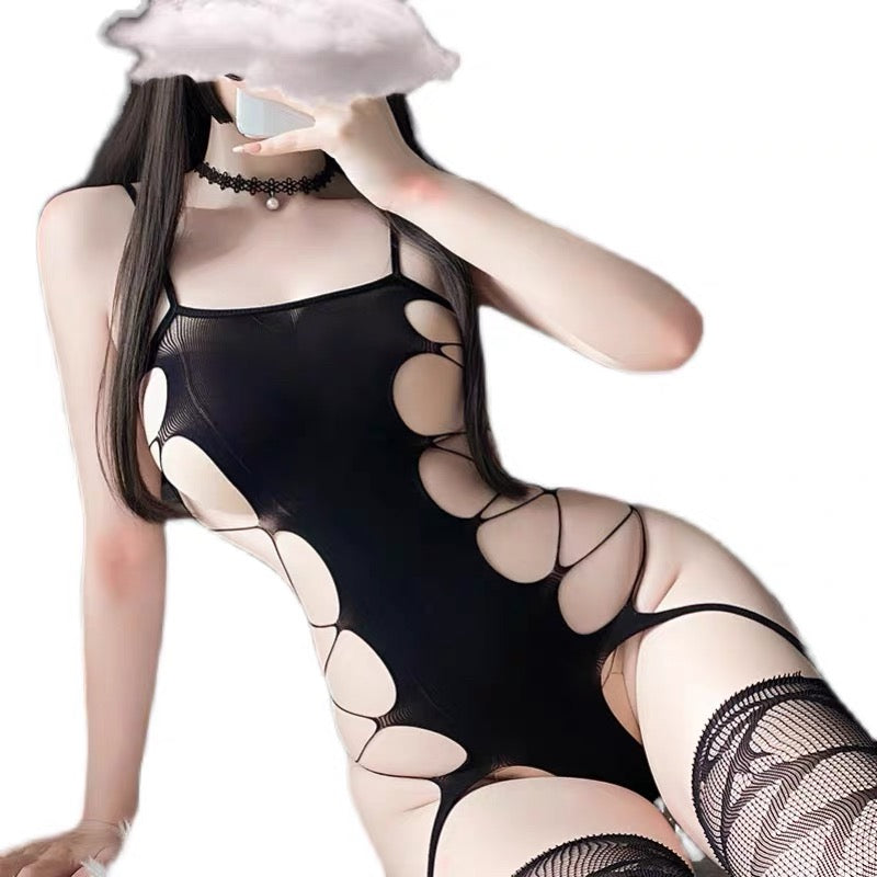 Black Cutout Fishnet Bodysuit with Thigh-High Stockings