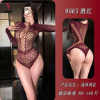 Burgundy Fishnet Long-Sleeve Bodysuit