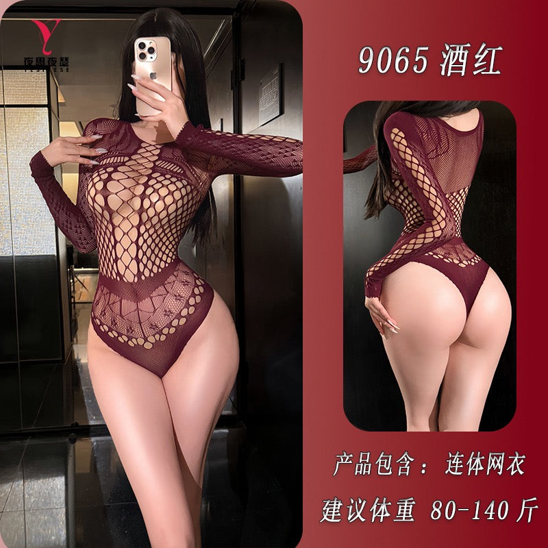 Burgundy Fishnet Long-Sleeve Bodysuit