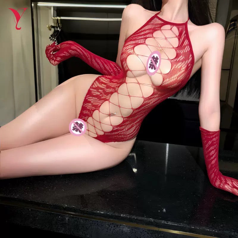Red Lace Cutout Halter Bodysuit with Gloves