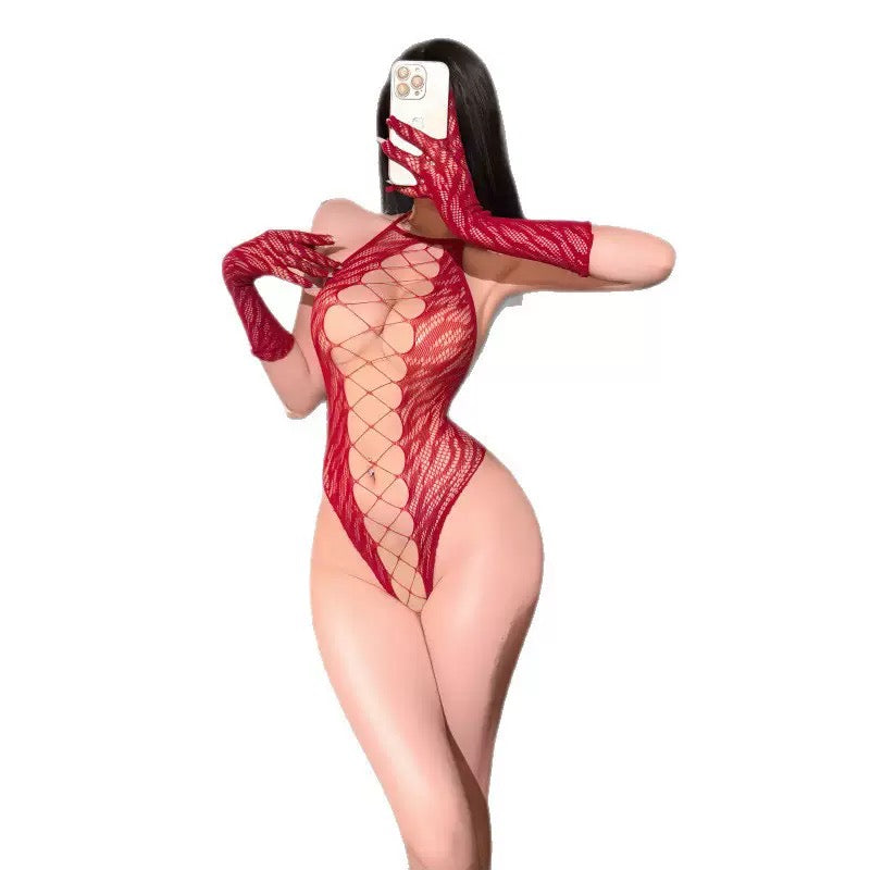 Red Lace Cutout Halter Bodysuit with Gloves