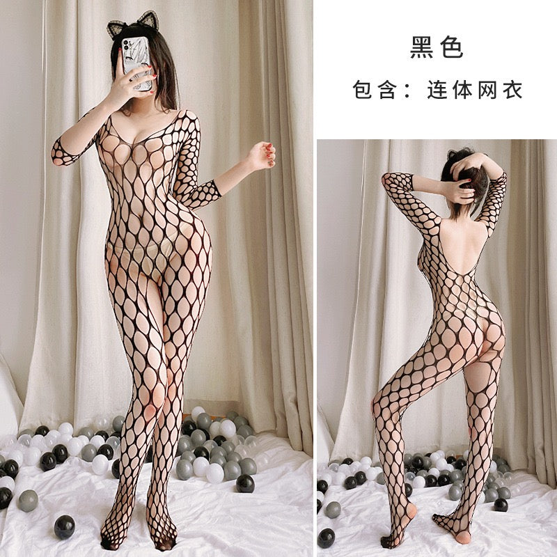 Black Oversized Fishnet Long-Sleeve Bodystocking