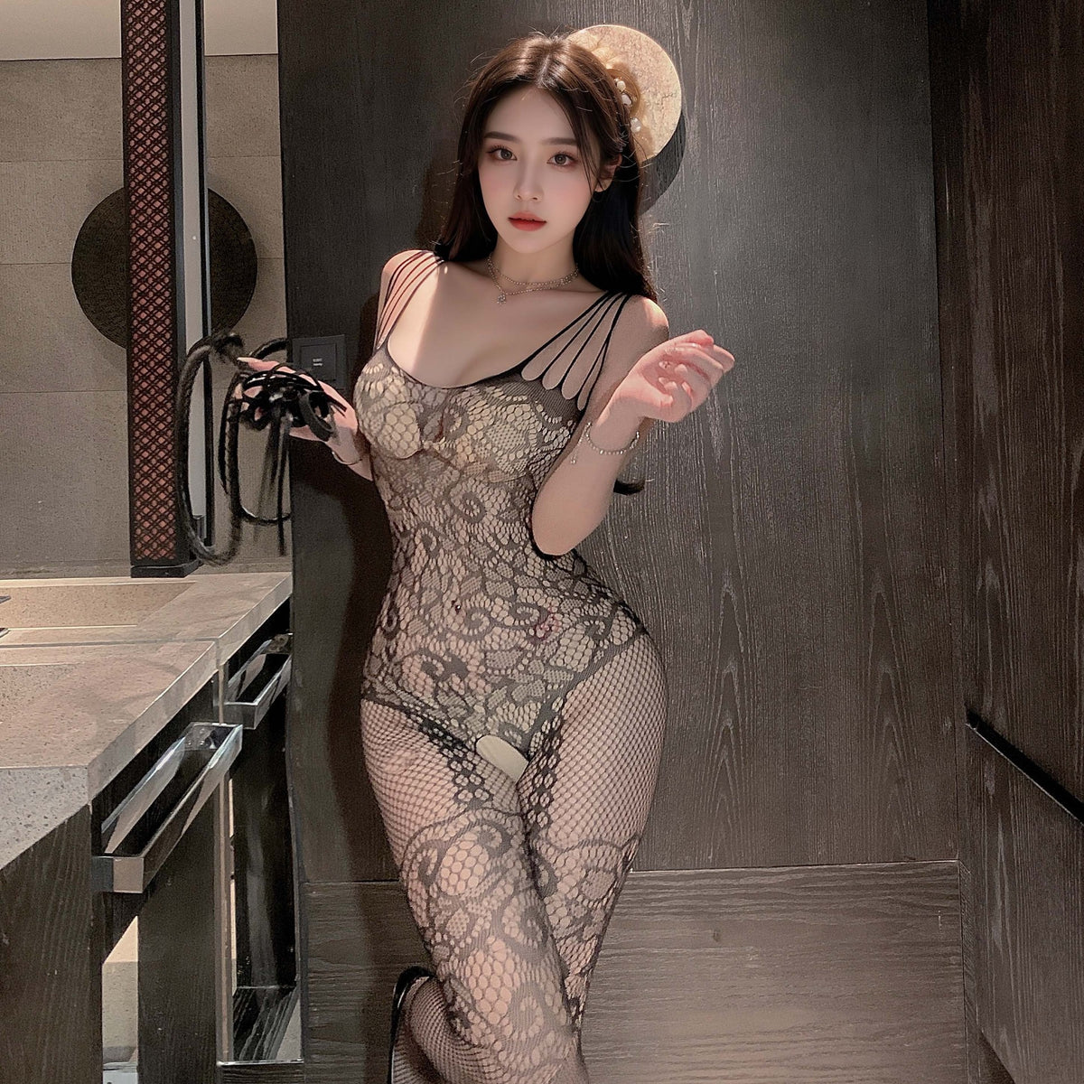 Black Floral Lace Fishnet Bodystocking