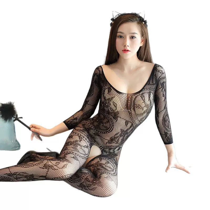 Black Floral Lace Long-Sleeve Bodystocking